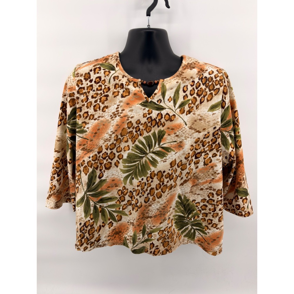 Alfred Dunner Womens 1X Top Leopard Floral Animal Print 3/4 Sleeve Blouse Beaded